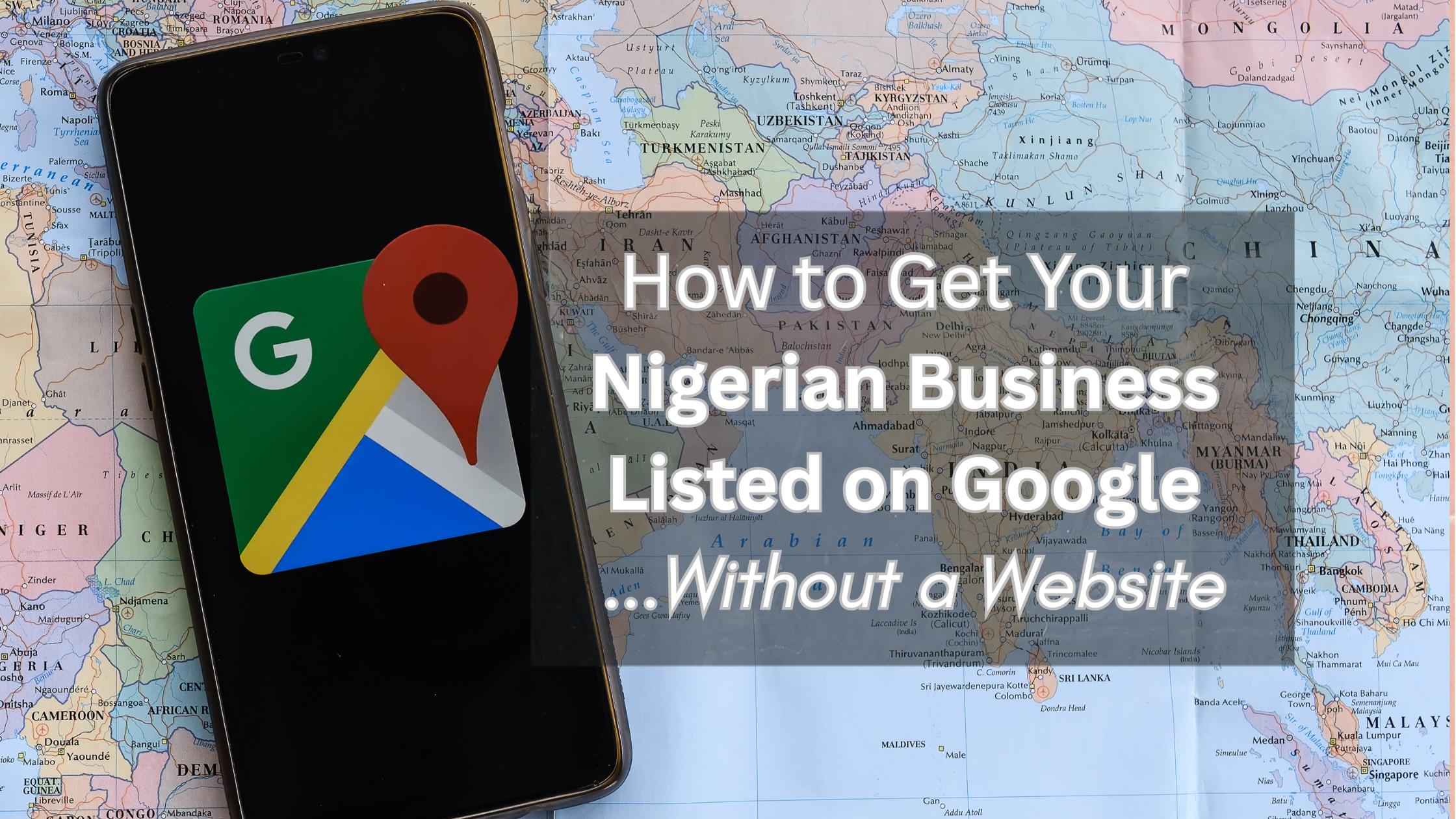 Card showing the title of the blogpost with a phoneby the side. The phone shows Google Map with a location pin.