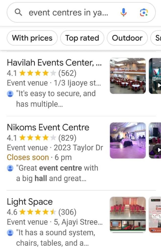 Visibility: Why Your Event Centre Isn’t Getting Booked --And What to Do About It Top 3 searches for event venue in Yaba