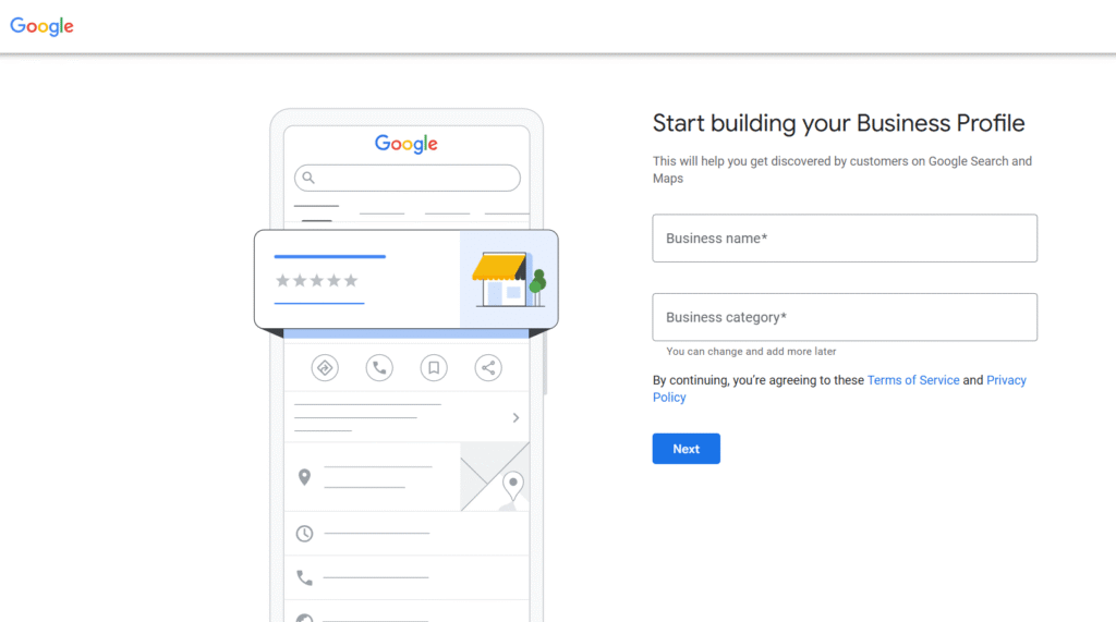 How to Get Your Nigerian Business Listed on Google Without a Website Screenshot of Google Business Profile page where you enter your business name and category this ensures that your business is properly listed on Google.